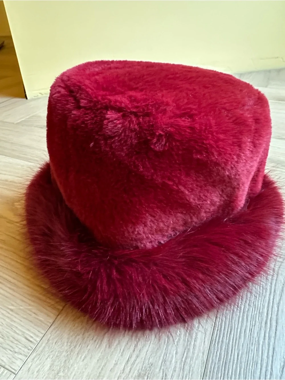 Plush Faux Fur Bucket Hat in Deep Wine Red